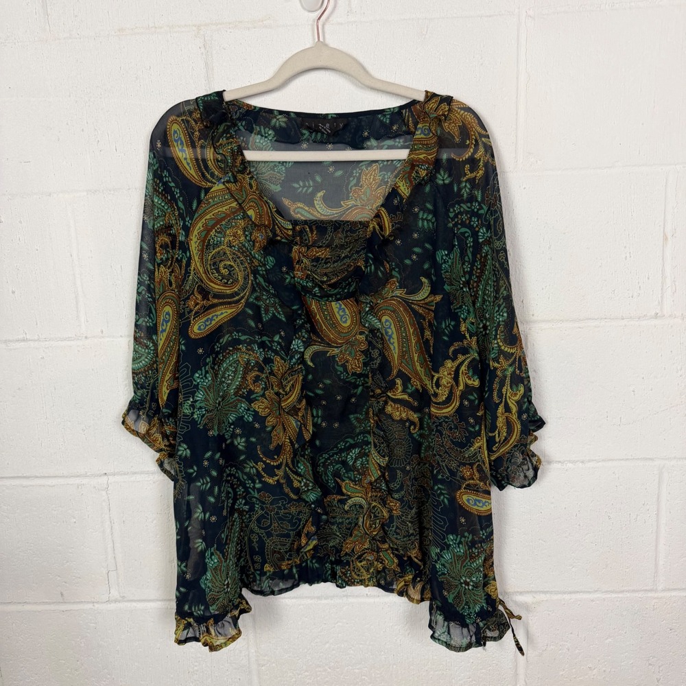Ninety Paisley Sheer Top Plus Size 2X Navy Gold Ruffle Ethereal Romantic Fairy